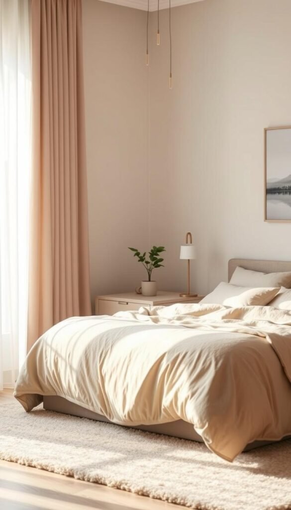 A serene, harmonious bedroom interior featuring a soft, soothing color palette that reflects the psychological impact of hues on mood. The scene showcases a tranquil, well-lit space with natural lighting filtering through sheer curtains, casting a warm, comforting glow. In the foreground, a plush, inviting bed is draped in calming, earthy tones, complemented by textured bedding and a plush area rug. The middle ground features a minimalist nightstand with a single potted plant, while the background showcases a simple, uncluttered wall adorned with a serene landscape painting. The overall atmosphere evokes a sense of relaxation, balance, and emotional well-being, reflecting the principles of color psychology and its influence on the bedroom environment.
