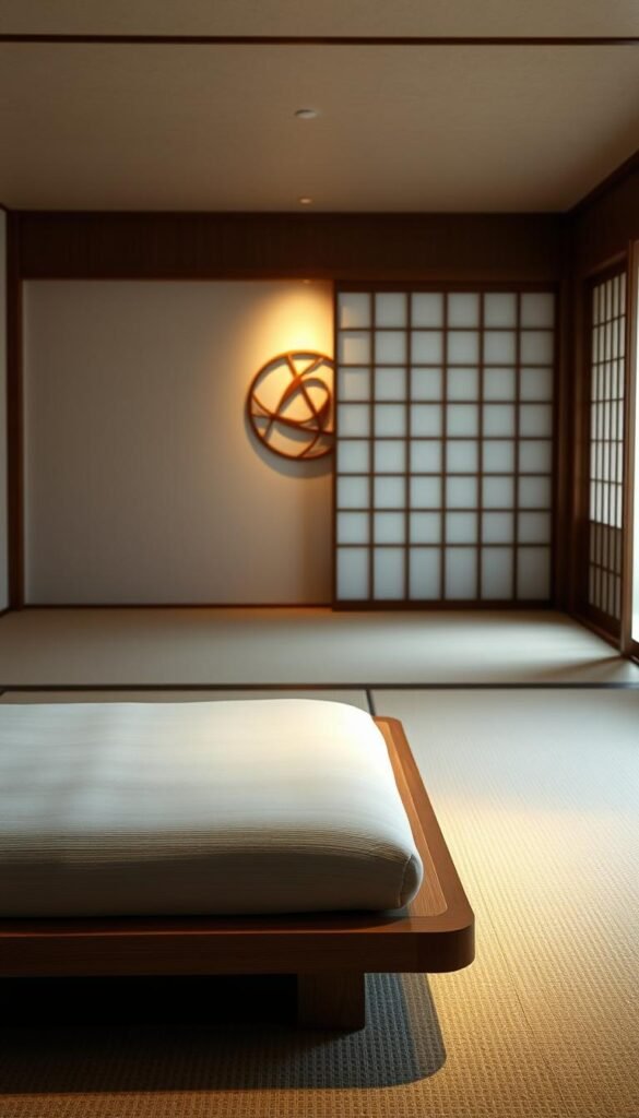 A serene, minimalist Japanese bedroom with a harmonious design showcasing the core principles of Wa. In the foreground, a low, wooden platform bed with simple, clean lines and natural textures. A soft, ambient lighting casts a warm glow, creating a tranquil atmosphere. In the middle ground, a subtle, abstract pattern on the wall evokes the concept of balance and interconnectedness. The background features a shoji screen, allowing filtered natural light to filter in, blending seamlessly with the understated decor. The overall composition exudes a sense of peace, simplicity and harmony, reflecting the essence of the Japanese aesthetic.