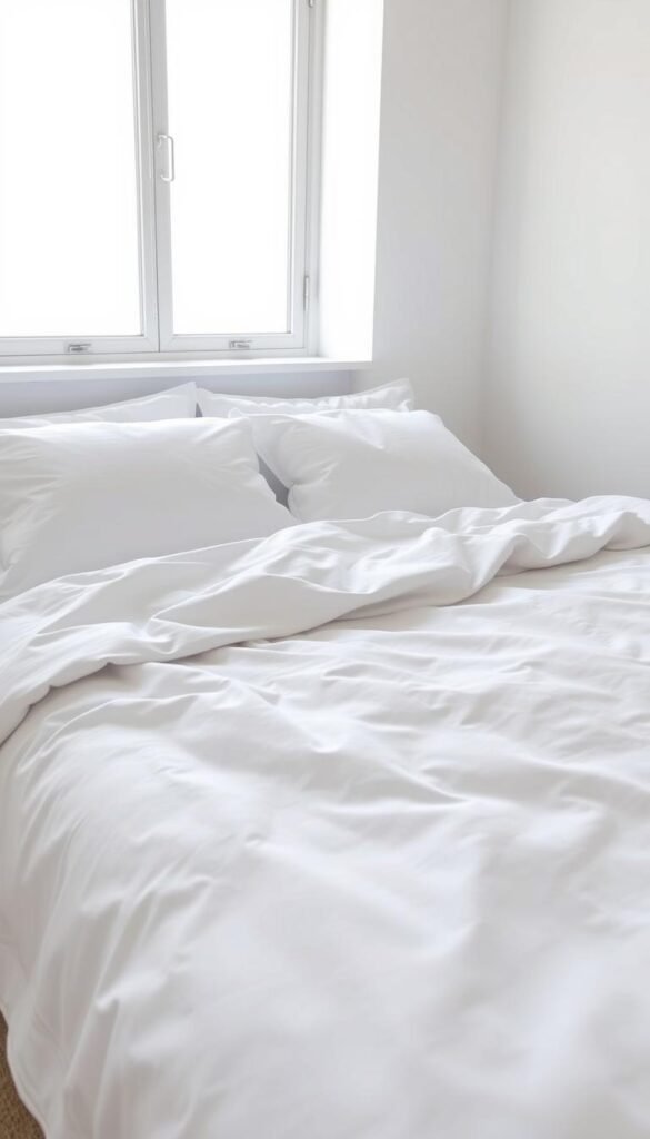 A serene, minimalist bedding scene with crisp, white linens and a subtle textured duvet cover. Soft, diffused natural light filters in through a large window, casting a warm, gentle glow over the neatly arranged bed. The bedding is free of any patterns or bold colors, allowing the focus to be on the luxurious, cloud-like softness and quality of the materials. The room is sparsely decorated, with clean lines and a muted color palette, creating a sense of tranquility and simplicity. The camera angle is slightly elevated, giving a birds-eye view of the comfortably inviting bed.
