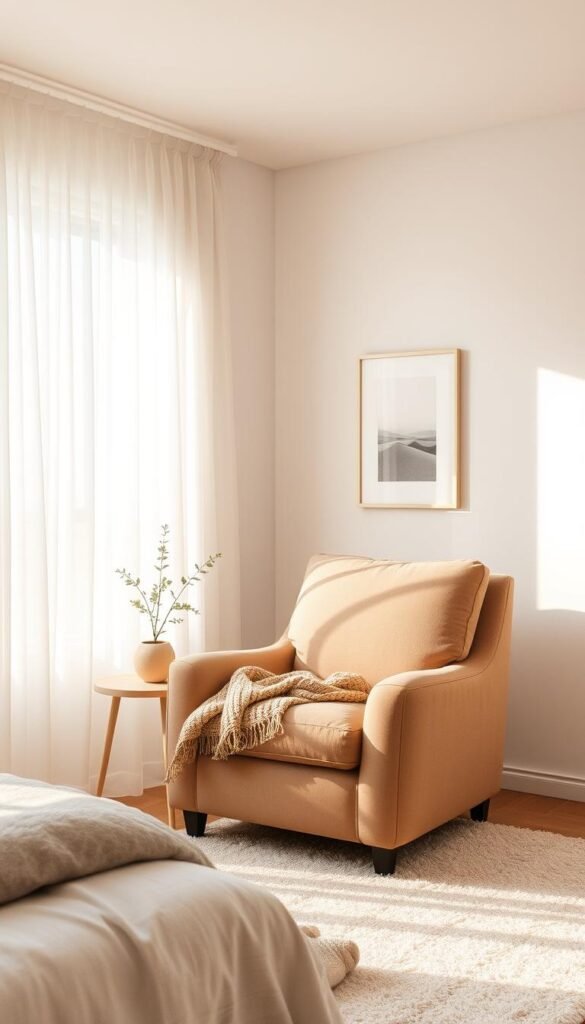 A serene, minimalist bedroom with a soft, monochromatic color palette. The room is bathed in warm, natural light filtering through sheer curtains, creating a cozy, tranquil ambiance. The focal point is a plush, oversized armchair upholstered in a muted, earthy tone, inviting relaxation. Layered textures, such as a knitted throw and a fluffy rug, add depth and tactility. Delicate, monochromatic artwork adorns the walls, complementing the soothing hues. A simple, wooden side table holds a single potted plant, further enhancing the calming, nature-inspired aesthetic. The overall scene evokes a sense of peaceful respite, perfect for a cozy, serene bedroom retreat.