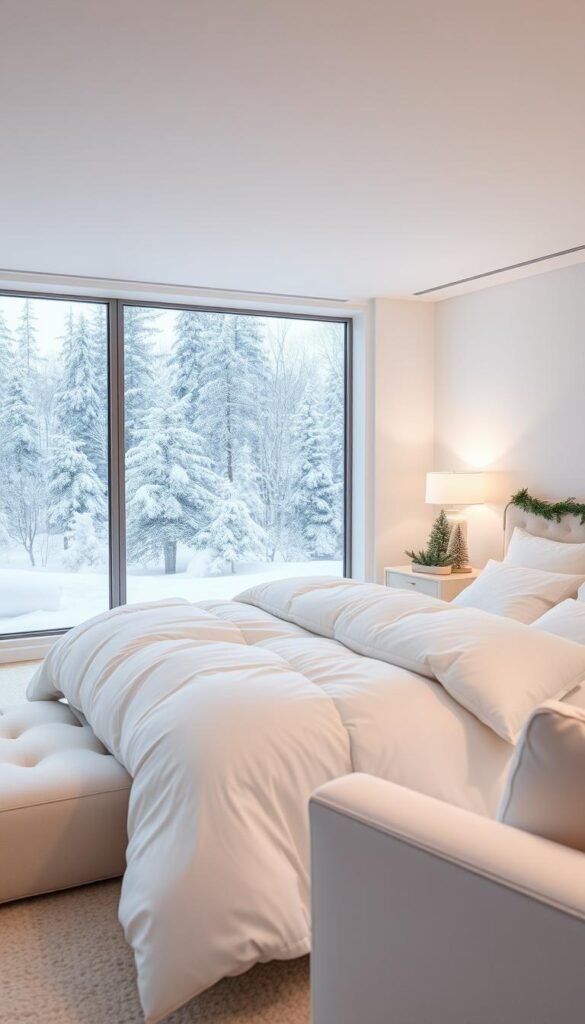 A serene, minimalist white holiday retreat nestled in a winter wonderland. A cozy bedroom with a plush, oversized white comforter and fluffy pillows, surrounded by sleek, modern furnishings in shades of ivory and cream. Soft, diffused lighting creates a warm, inviting atmosphere, while large windows offer panoramic views of a snowy forest landscape outside. The overall aesthetic is one of understated elegance and tranquility, perfect for a peaceful Christmas retreat.
