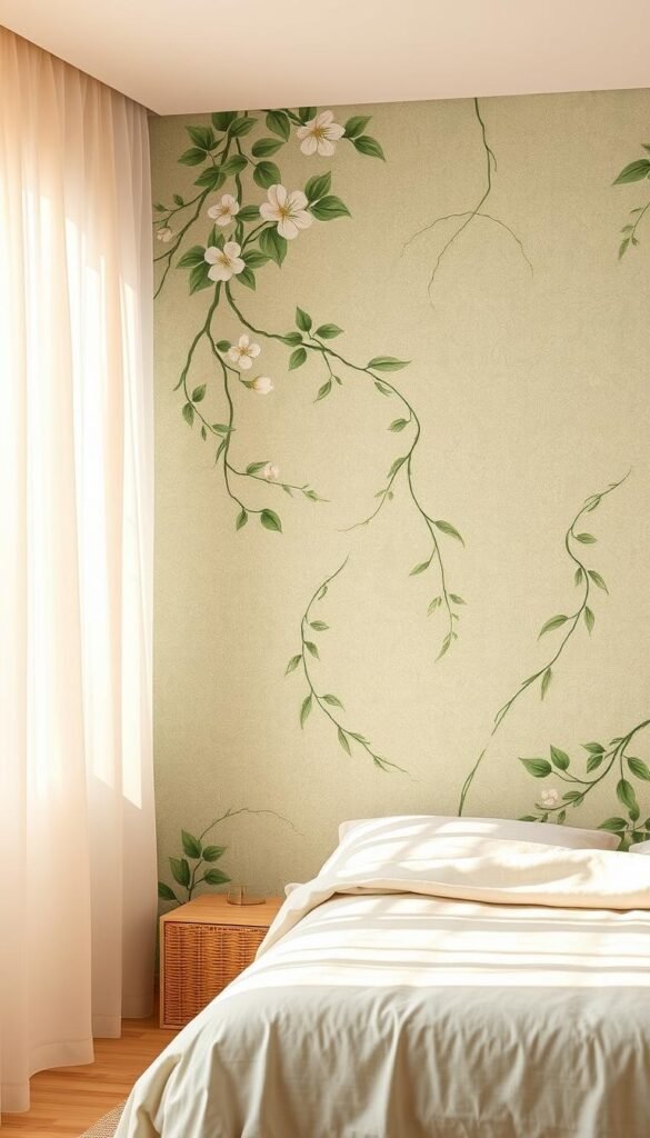 A serene nature-inspired bedroom wallpaper design with lush botanical elements. A verdant floral pattern featuring delicate blooms, trailing vines, and wispy leaves in soft pastel hues. The wallpaper has a textured, hand-painted appearance, creating a calming, organic atmosphere. Gentle afternoon light filters through sheer curtains, casting a warm, golden glow. The overall composition evokes a sense of tranquility and harmony, perfectly suited for a relaxing, restorative bedroom space.