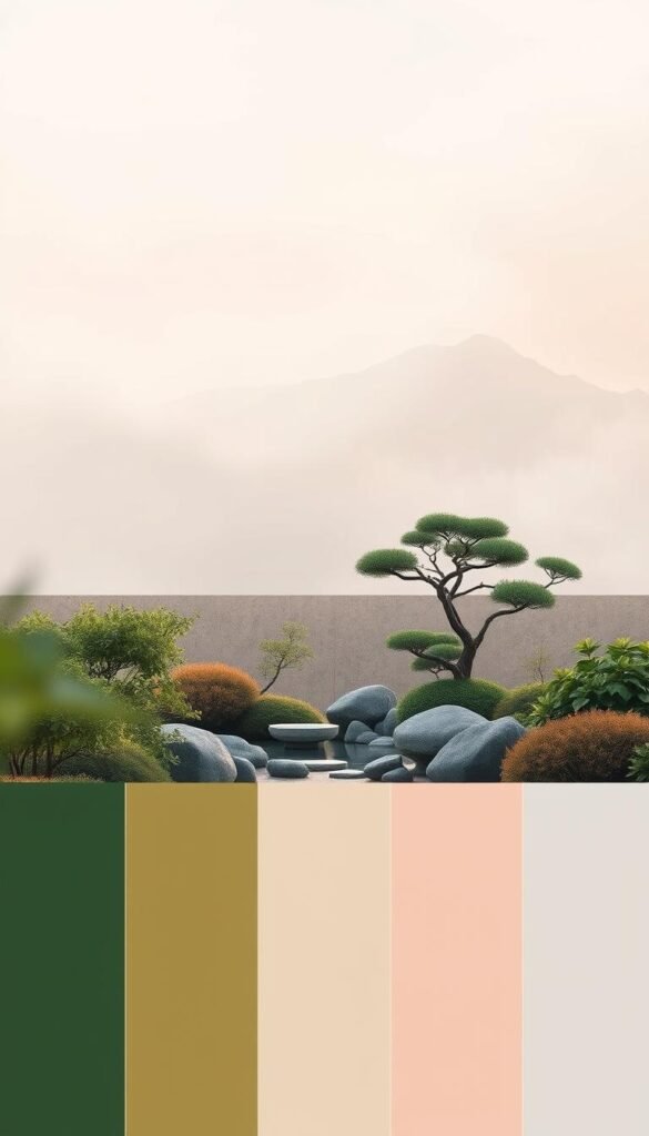 A serene, nature-inspired color palette featuring soft, muted tones. The foreground showcases a harmonious blend of earthy greens, calming blues, and gentle ochres, evoking a sense of tranquility. The middle ground presents a minimalist Japanese garden landscape with lush foliage, smooth rocks, and a calming water feature. The background is composed of a hazy, atmospheric sky in shades of pale pink and lavender, creating a soothing, zen-like ambiance. The lighting is soft and diffused, casting a warm, natural glow across the scene. The overall composition is balanced and thoughtfully arranged, reflecting the principles of Japanese aesthetic design.