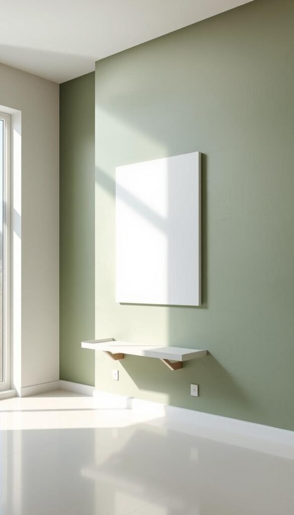 A serene, sage green accent wall with a minimalist, modern design. The wall is bathed in soft, natural lighting, creating a calming, inviting atmosphere. The texture of the wall features subtle, abstract patterns that add depth and visual interest. A single, large piece of art or a sleek, floating shelf is placed as the focal point, complementing the soothing color palette. The surrounding space is airy and uncluttered, allowing the accent wall to be the star of the scene. The camera angle is positioned to capture the wall's full height, emphasizing its role as the central design element in the room.