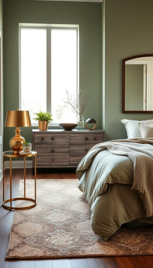 A serene sage green bedroom with warm metallic accents and natural textures. In the foreground, a stylish side table with a gleaming gold lamp, a potted plant, and a decorative bowl. In the middle, a plush area rug with earthy tones and patterns, complementing the weathered wood dresser and a large wall mirror with a sleek bronze frame. The background features tall windows allowing soft natural light to filter in, creating a tranquil atmosphere. Layered textiles, such as a linen duvet and a knitted throw, add depth and coziness to the space. The overall mood is one of calm, sophistication, and a harmonious blend of organic and modern elements.