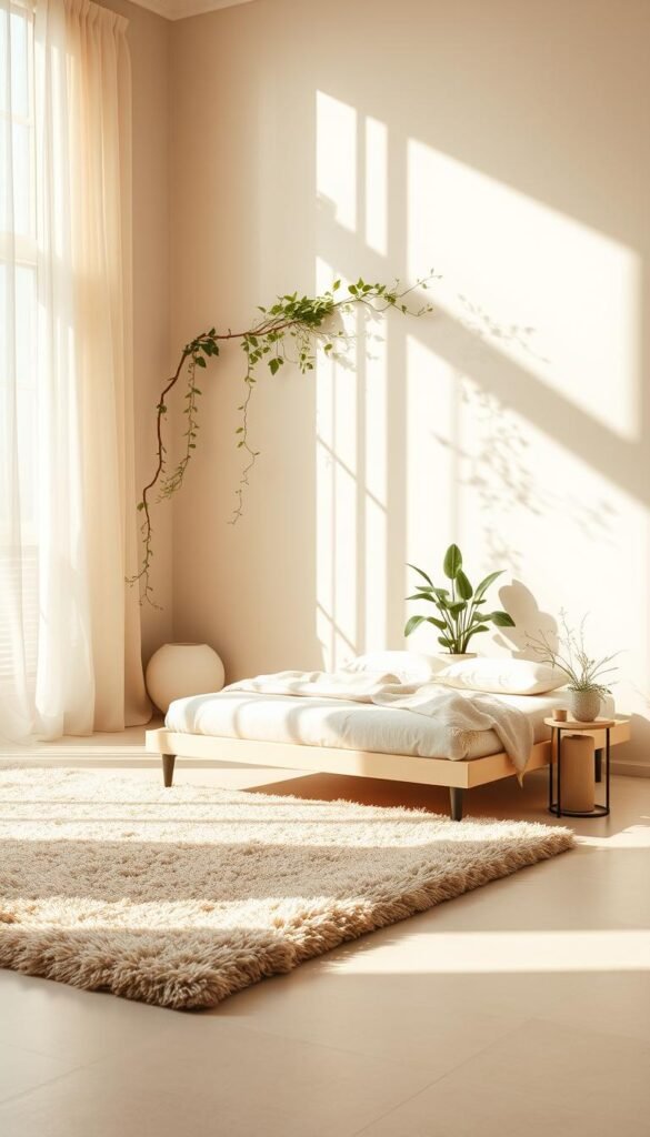 A serene, sun-dappled beige sanctuary, illuminated by soft natural light filtering through gauzy curtains. A plush, textured rug invites you to sink into its cozy embrace, while a low-profile, minimalist bed frame anchors the space. Trailing vines and lush potted plants lend a soothing, organic touch, complementing the crisp, clean lines of the decor. Muted, earthy tones create a calming, rejuvenating atmosphere, perfect for unwinding and recharging. Diffused lighting casts a warm, welcoming glow, enveloping the room in a sense of tranquility and retreat.