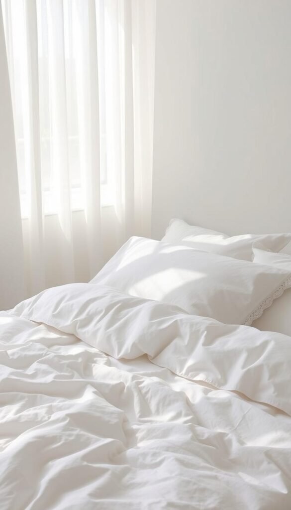 A serene, textured white bedroom with layers of soft, plush linens. Crisp white sheets and a voluminous duvet cover the bed, complemented by a palette of neutral hues and natural textures. Delicate lace-trimmed throw pillows add a touch of refined elegance. Diffused, natural light filters through sheer curtains, casting a warm, glowing ambiance. The overall atmosphere exudes a sense of calm and timeless sophistication, perfect for a minimalist, yet deeply inviting space. A serene, textured white bedroom with layers of soft, plush linens. Crisp white sheets and a voluminous duvet cover the bed, complemented by a palette of neutral hues and natural textures. Delicate lace-trimmed throw pillows add a touch of refined elegance. Diffused, natural light filters through sheer curtains, casting a warm, glowing ambiance. The overall atmosphere exudes a sense of calm and timeless sophistication, perfect for a minimalist, yet deeply inviting space.