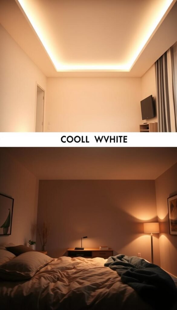 A side-by-side comparison of warm white and cool white lighting, showcasing the distinctive ambiance and mood they create. In the foreground, a bedroom scene with a cozy, inviting atmosphere under the glow of warm, soft lighting. In the middle, a contrasting space illuminated by cool, crisp white light, lending a more clinical, energetic feel. The background fades into a seamless, neutral environment, allowing the lighting differences to take center stage. Captured with a wide-angle lens to emphasize the spatial relationships, the image aims to visually demonstrate the impact of color temperature on the overall atmosphere and aesthetics of a living space. A side-by-side comparison of warm white and cool white lighting, showcasing the distinctive ambiance and mood they create. In the foreground, a bedroom scene with a cozy, inviting atmosphere under the glow of warm, soft lighting. In the middle, a contrasting space illuminated by cool, crisp white light, lending a more clinical, energetic feel. The background fades into a seamless, neutral environment, allowing the lighting differences to take center stage. Captured with a wide-angle lens to emphasize the spatial relationships, the image aims to visually demonstrate the impact of color temperature on the overall atmosphere and aesthetics of a living space.
