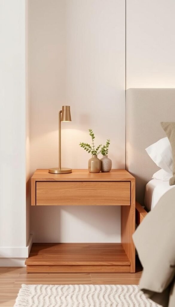 A sleek and modern bedside table, its clean lines and minimalist design exuding a sense of refined elegance. The table's smooth, rectangular shape is accentuated by a warm, wood grain finish, creating a natural and inviting feel. Positioned against a backdrop of soft, neutral-toned walls, the table's simplicity is amplified, allowing it to serve as a focal point in the room. Carefully curated decor, such as a reading lamp with a subtly curved base and a small, potted plant, add subtle touches of personalization, complementing the table's understated sophistication. The scene is illuminated by a soft, diffused lighting, casting a cozy and calming atmosphere, perfect for setting the mood in a contemporary bedroom.