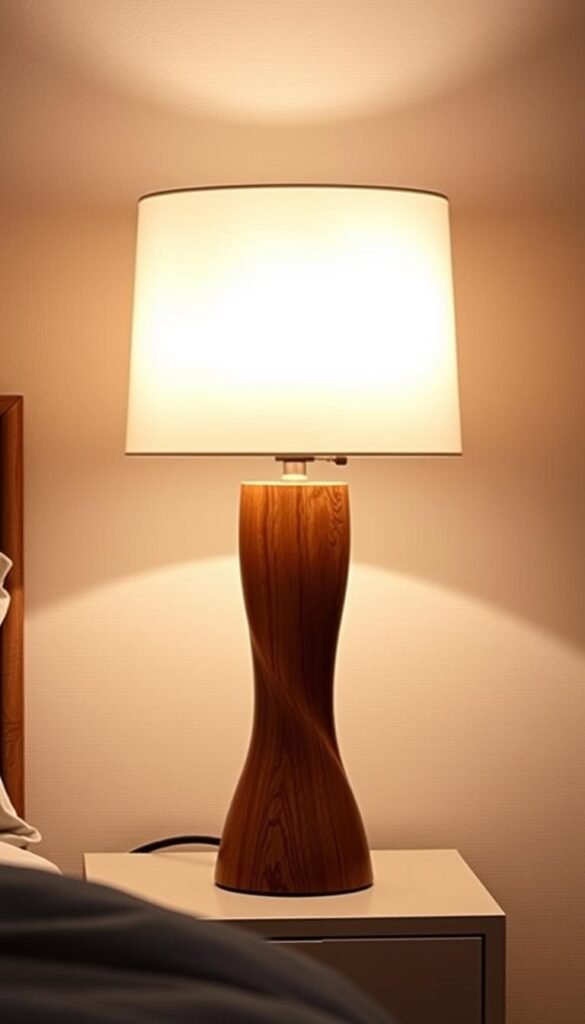 A sleek, midcentury modern table lamp with a tapered, hourglass-shaped base in a warm, walnut finish. The lamp features a crisp, white linen drum shade that softly diffuses the light, creating a cozy, inviting ambiance. Placed on a low, minimalist side table, the lamp casts a gentle glow, illuminating the space with a touch of vintage-inspired elegance. The scene is captured in a warm, atmospheric lighting, with a slightly low camera angle to accentuate the lamp's architectural form. The background is a neutral, textured wall, allowing the lamp to take center stage as the focal point of this cozy, stylish bedroom vignette.