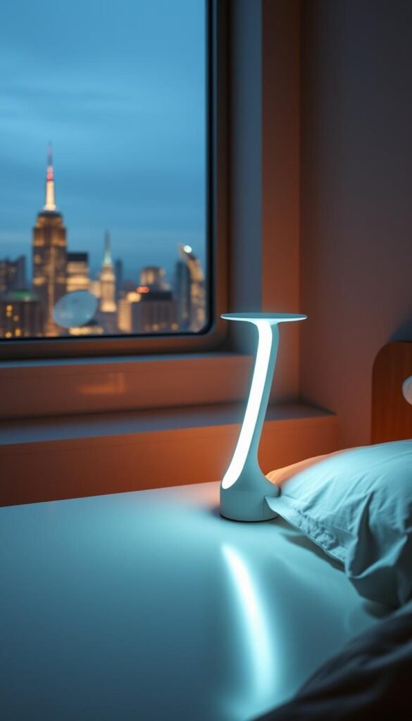 A sleek, minimalist bedside table with a sleek, futuristic lamp that can be controlled via a touchscreen panel. Ambient lighting flows softly from the lamp, casting a warm, cozy glow across the room. In the background, a window offers a view of a city skyline, with the lamp's gentle illumination complementing the twinkling cityscape. The overall scene conveys a sense of technological sophistication and energy-efficient design, perfectly suited for a small, modern bedroom.