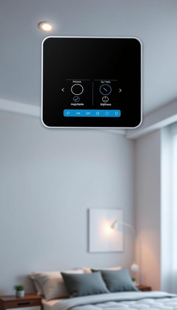 A sleek, modern LED lighting control panel hovers above a minimalist, moodlit bedroom. The panel's digital interface glows with customizable lighting presets, adjustable brightness, and color temperature controls. Soft, ambient light from recessed ceiling fixtures casts a warm, cozy glow across the room, while a single accent light illuminates a geometric art piece on the wall. The scene conveys a sense of high-tech luxury and personalized ambiance, perfect for creating a dynamic, restorative sleep environment.