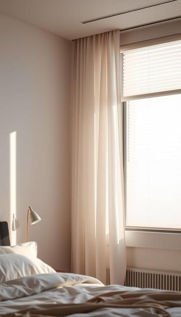 A sleek, modern bedroom setting with a large window adorned with smart window treatments. The curtains are made of sheer, flowing fabric that gently cascades over the sides of the window, filtering the natural light. Motorized blinds are seamlessly integrated into the window frame, allowing for precise control of light and privacy with a simple touch or voice command. The room is bathed in a warm, cozy glow, creating a tranquil and inviting atmosphere. Minimalist decor and clean lines complement the sophisticated window treatments, showcasing the perfect blend of style and functionality.