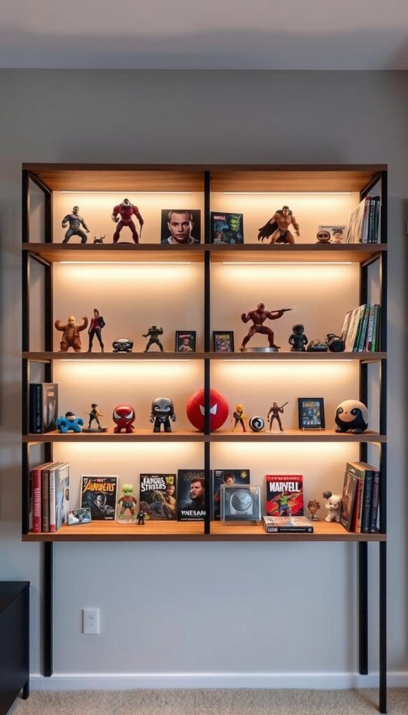 A sleek, modern shelving unit designed to display a meticulously curated collection of collectibles. The shelves are illuminated from above, casting a warm, ambient glow over the carefully arranged figurines, comics, and memorabilia. The shelves are made of a mix of wood and metal, with adjustable brackets to accommodate items of various sizes. The background is a minimalist, neutral-toned wall, allowing the collectibles to take center stage. The overall atmosphere is one of organization, attention to detail, and a celebration of the owner's passion for their fandom.