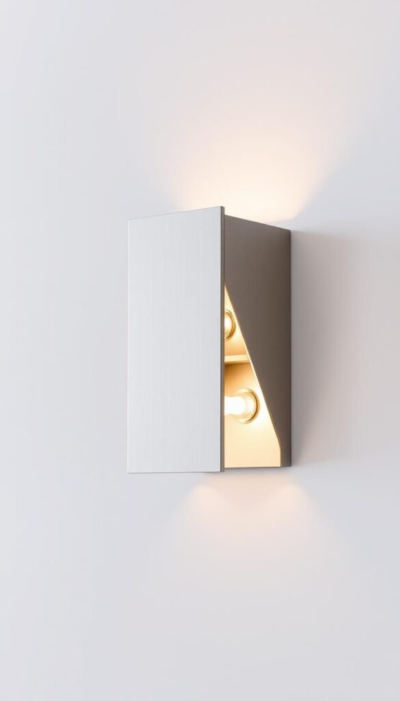 A sleek, modern wall sconce featuring clean lines and a minimalist design. The fixture has a streamlined, rectangular silhouette with a polished chrome or brushed nickel finish. Embedded within the sconce are integrated LED bulbs that provide warm, diffused lighting to softly illuminate the surrounding area. The sconce is mounted flush against the wall, creating a seamless, low-profile look that complements contemporary bedroom decor. Strategically placed to highlight architectural details or provide subtle ambient illumination, this smart lighting solution adds a touch of refined sophistication to the space.