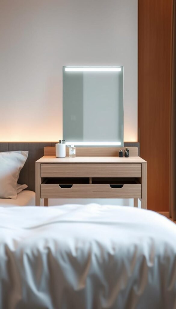 A sleek, multifunctional vanity with a mirror, drawers, and a hidden work surface that can fold out, set against a minimalist bedroom backdrop with warm, ambient lighting. The vanity is crafted from light-toned wood with clean lines, complementing the serene, cozy atmosphere. The mirror is framed with subtle task lighting, providing ample illumination for makeup application or grooming. The drawers offer hidden storage for toiletries and accessories, maximizing the compact footprint. When not in use, the concealed work surface can be folded away, transforming the vanity into a discreet dressing table that seamlessly integrates into the bedroom decor.