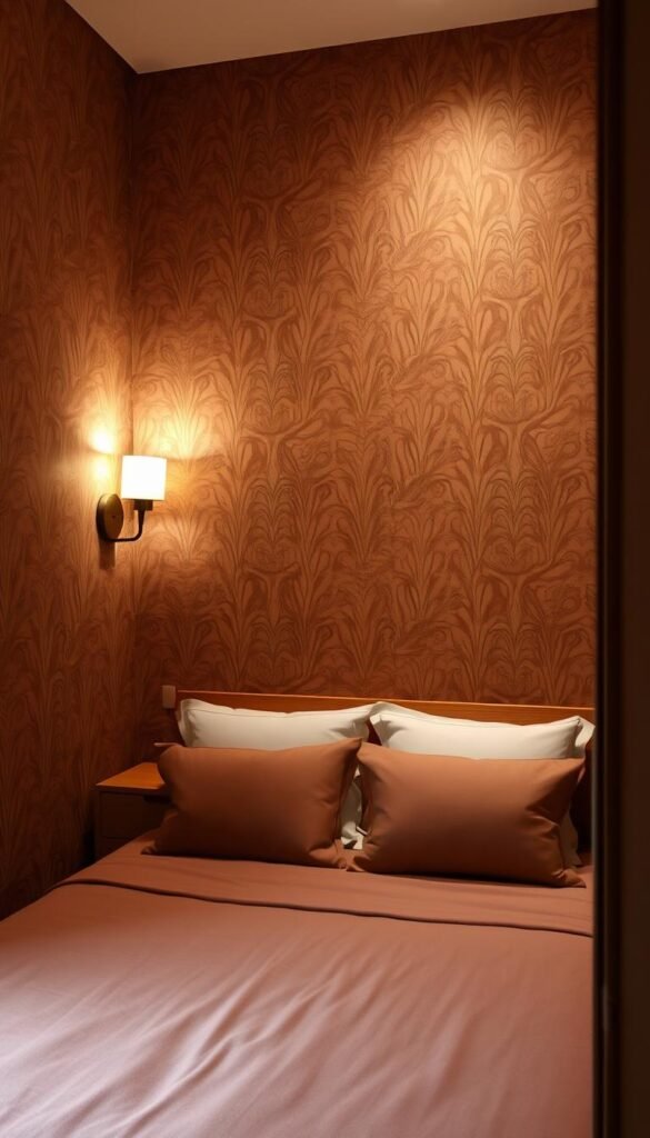 A small, cozy bedroom with warm, earthy tones. The main focus is a striking wall covering that adds depth and visual interest. The pattern features a blend of organic shapes and geometric elements, creating a sense of balance and harmony. Soft, diffused lighting from a pair of sconces casts a gentle glow, highlighting the textural qualities of the wall covering. The room is framed by a minimalist wooden bed and nightstands, allowing the wall treatment to take center stage. The overall atmosphere is one of sophistication and tranquility, perfect for a relaxing retreat in a small space.