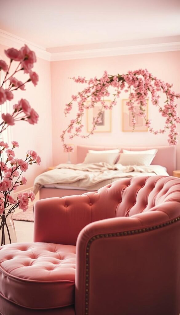 A soft, dreamy bedroom scene bathed in warm, diffused light. In the foreground, a plush, tufted pink velvet armchair invites the viewer to sink in and relax. Framing the chair, delicate pink floral arrangements spill out of vases, their petals seeming to float effortlessly. The middle ground features a low, modern pink upholstered bed, its linens rumpled and inviting. Trailing vines of pink flowers cascade down the headboard, creating a romantic, botanical canopy. The background reveals pale pink walls, accented with subtle abstract art in coordinating shades. Warm, ambient lighting casts a gentle glow, evoking a sense of tranquility and comfort. A soft, dreamy bedroom scene bathed in warm, diffused light. In the foreground, a plush, tufted pink velvet armchair invites the viewer to sink in and relax. Framing the chair, delicate pink floral arrangements spill out of vases, their petals seeming to float effortlessly. The middle ground features a low, modern pink upholstered bed, its linens rumpled and inviting. Trailing vines of pink flowers cascade down the headboard, creating a romantic, botanical canopy. The background reveals pale pink walls, accented with subtle abstract art in coordinating shades. Warm, ambient lighting casts a gentle glow, evoking a sense of tranquility and comfort.