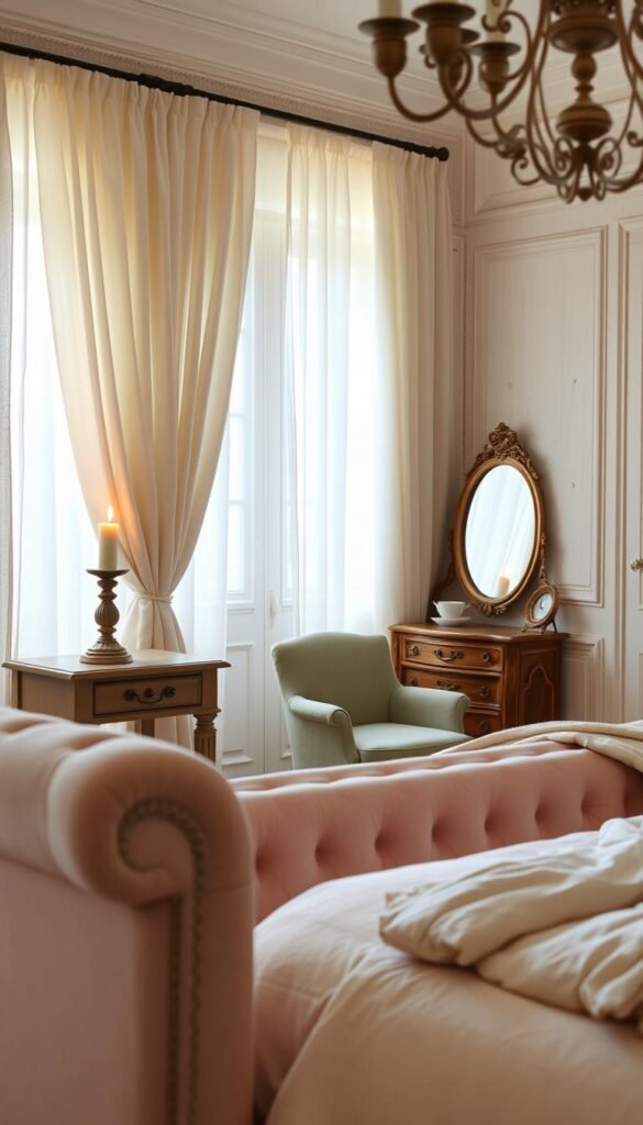A soft, dreamy color palette of muted pastel hues fills an elegant French bedroom. The warm, diffused light filters through sheer curtains, casting a serene glow across the space. In the foreground, a plush, tufted upholstered bed frame in a soft blush tone is draped with delicate linens. Beside it, a carved wooden nightstand supports a single, flickering candle, its gentle flame reflecting in a gilded mirror. In the middle ground, a vintage armchair in a muted sage green hue sits in the corner, inviting relaxation. The background features whitewashed wood paneling, subtly textured walls, and a glimpse of a wrought-iron chandelier overhead, completing the sophisticated, yet soothing atmosphere.