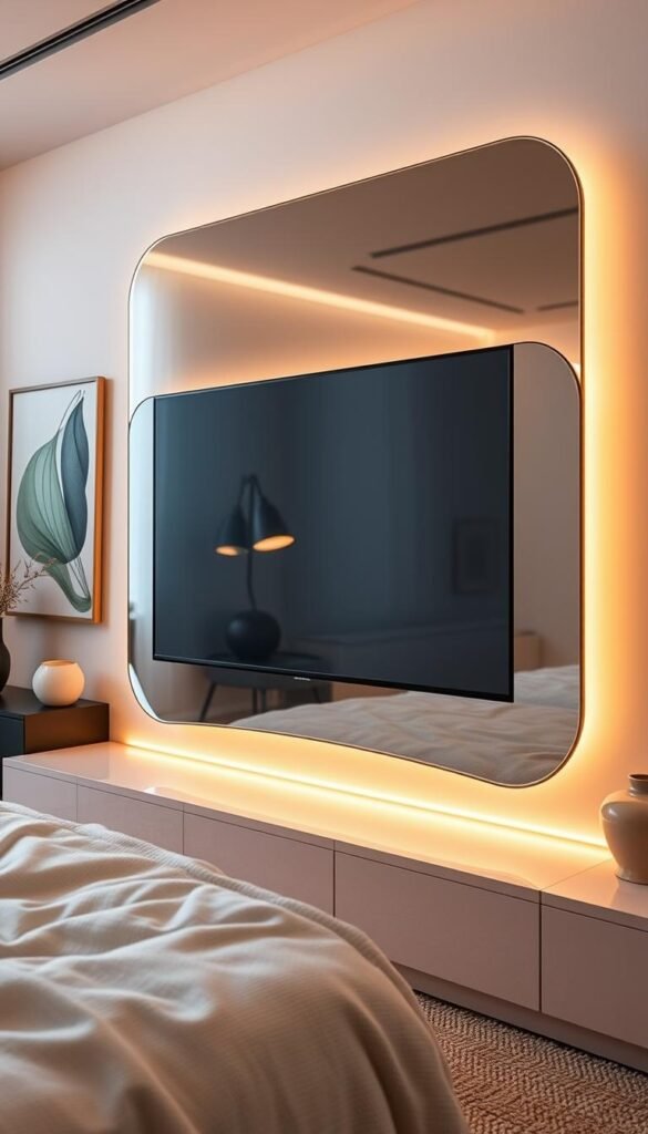 A softened mirror television design, set against a softly lit bedroom backdrop. The mirror's surface is gently diffused, creating a dreamlike, ethereal reflection that blurs the line between reality and illusion. Warm, ambient lighting casts a cozy glow, accentuating the mirror's subtly curved frame. The television itself is seamlessly integrated, its screen mirrored and blended into the reflective surface, giving the impression of a single, cohesive design element. Soft, muted tones in the surrounding decor - plush textiles, muted artwork, and a tranquil color palette - enhance the sense of serene, relaxing atmosphere.