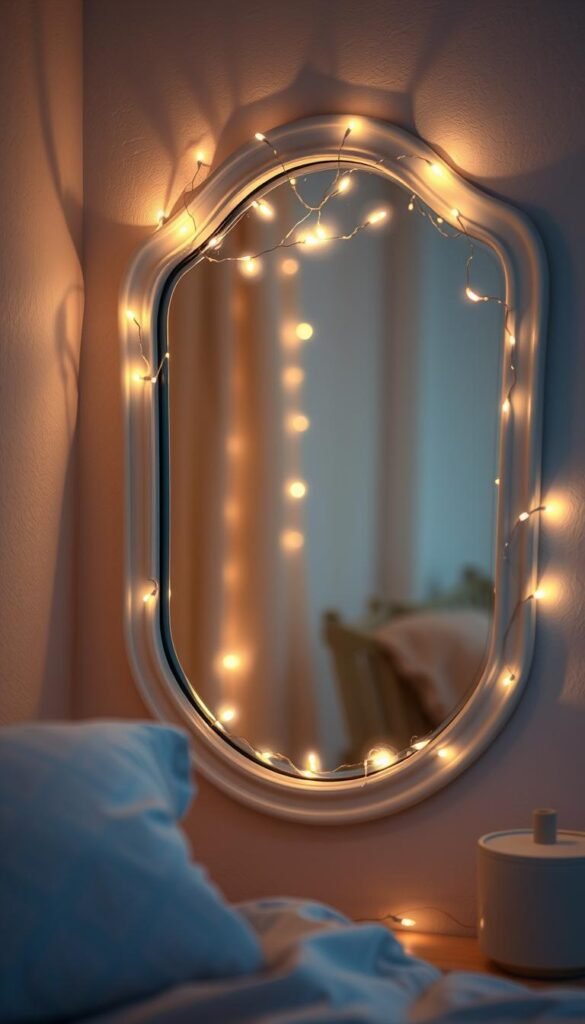 A softly illuminated mirror, its frame adorned with a delicate arrangement of fairy lights, casting a warm, enchanting glow in a cozy bedroom setting. The mirror's surface reflects the gentle radiance, creating an inviting ambiance. The lights are strung carefully, weaving a magical, mesmerizing pattern that accentuates the mirror's elegant shape. Subtle shadows dance across the walls, adding depth and dimensionality to the scene. The lighting is carefully balanced, creating a flattering, diffused illumination that enhances facial features. An air of tranquility and serenity permeates the space, evoking a sense of relaxation and calm.