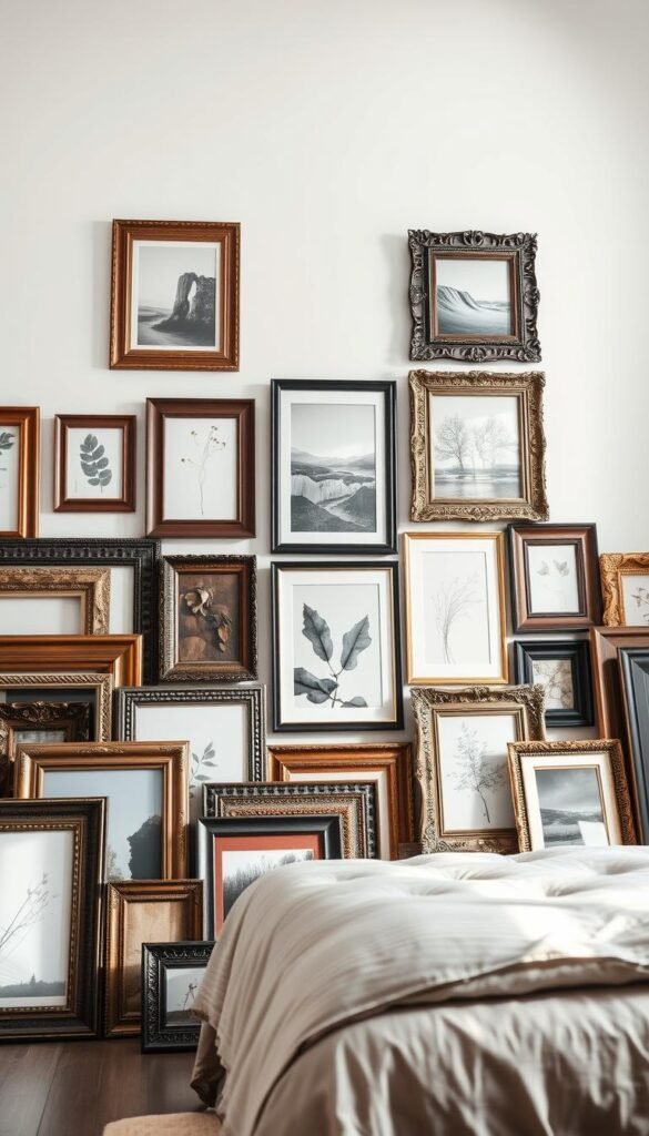 A sophisticated display of various framing options for aesthetic wall art. The foreground showcases an assortment of intricate frames in classic wood tones, modern metal finishes, and ornate vintage styles. The middle ground features the frames showcasing a range of artworks, from abstract paintings to nature-inspired prints, creating a cohesive visual harmony. The background presents a minimalist, light-filled studio setting with neutral walls and subtle hints of natural elements, allowing the frames and artwork to take center stage. The lighting is soft and directional, highlighting the textures and details of the frames. The overall composition conveys a sense of curation, inspiration, and the perfect balance of form and function for enhancing the aesthetic appeal of any bedroom wall. A sophisticated display of various framing options for aesthetic wall art. The foreground showcases an assortment of intricate frames in classic wood tones, modern metal finishes, and ornate vintage styles. The middle ground features the frames showcasing a range of artworks, from abstract paintings to nature-inspired prints, creating a cohesive visual harmony. The background presents a minimalist, light-filled studio setting with neutral walls and subtle hints of natural elements, allowing the frames and artwork to take center stage. The lighting is soft and directional, highlighting the textures and details of the frames. The overall composition conveys a sense of curation, inspiration, and the perfect balance of form and function for enhancing the aesthetic appeal of any bedroom wall.