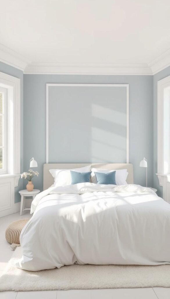 A spacious and serene bedroom bathed in the tranquil hues of blues and crisp whites. Soft, diffused light filters in through large windows, casting a warm glow on the minimalist, yet elegant decor. A plush, cloud-like bed takes center stage, adorned with pristine white linens and a few carefully placed accent pillows in muted blue tones. The walls are painted in a soothing, matte blue hue, complemented by clean, white moldings and trim. Subtle textures, such as a fluffy white rug and a woven throw blanket, add depth and visual interest to the space. An airy, Scandinavian-inspired aesthetic permeates the scene, creating a sense of calm and relaxation.