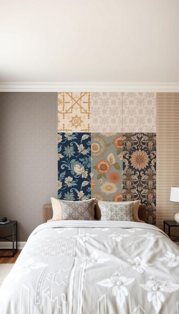 A spacious bedroom with a feature wall showcasing a variety of popular wallpaper patterns. The foreground displays an array of modern, geometric designs in muted tones of gray, blue, and beige. The middle ground features classic floral and paisley motifs in rich, jewel-toned hues. The background subtly incorporates subtle, textured wallcoverings with a soft, natural feel. The lighting is soft and diffused, creating a warm, inviting atmosphere. The overall composition emphasizes the visual interest and versatility of these pattern styles, inspiring ideas for an impactful bedroom feature wall.