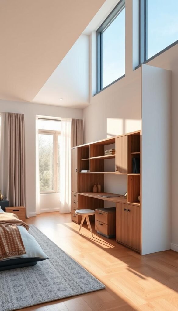 A spacious, well-lit bedroom with a modern, multi-functional room divider in the center. The divider features a combination of shelving, cabinets, and a minimalist desk surface, creating a functional and visually appealing partition. Warm, natural light filters through large windows, casting a cozy ambiance. The divider is crafted from a blend of wood and sleek, matte-finished metal, seamlessly integrating into the bedroom's contemporary decor. The overall scene exudes a sense of balance, organization, and flexible living.