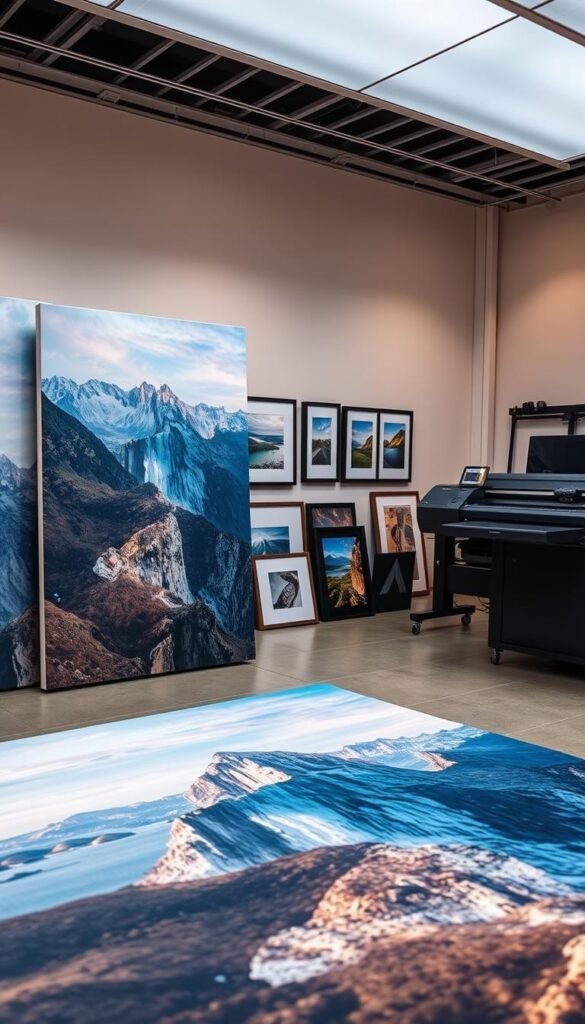 A spacious, well-lit studio showcases a range of premium wall art prints. The foreground features a large, high-resolution canvas print with a breathtaking landscape scene, its vibrant colors and intricate details reflecting the advanced printing technology. In the middle ground, a selection of framed art pieces in various sizes and styles are neatly displayed, highlighting the versatility of the printing process. The background reveals state-of-the-art printing equipment, meticulously calibrated to produce exceptional quality and precision. Soft, diffused lighting creates a warm, inviting atmosphere, emphasizing the attention to detail and craftsmanship that defines this premium wall art collection.
