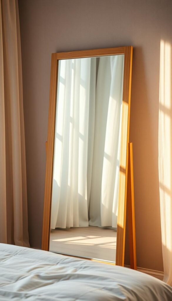 A standing bedroom mirror with a light-enhancing design, capturing the essence of a cozy and transformative space. The mirror's frame is crafted from warm, natural wood, its surface reflecting the gentle glow of soft, ambient lighting. The mirror is positioned against a muted, textured wall, casting a warm, inviting ambiance throughout the room. Sunlight filters through sheer curtains, illuminating the mirror's surface and creating a sense of depth and dimension. The overall effect is one of tranquility and retreat, a mirror that not only reflects the room but also enhances its calming, spa-like atmosphere.