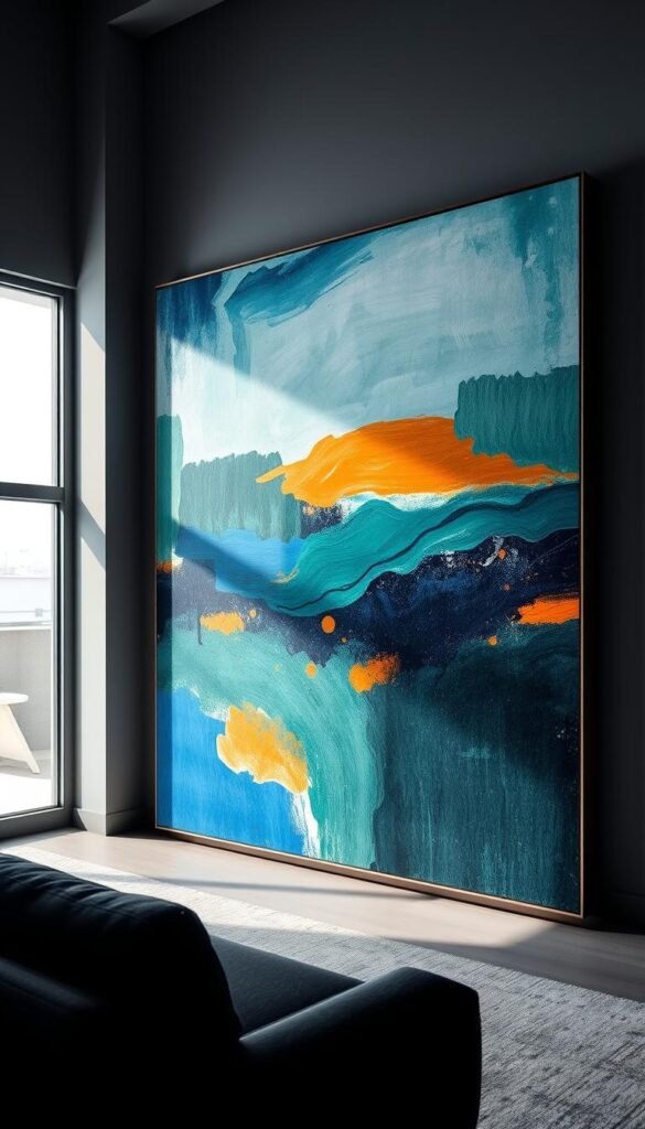 A striking, oversized abstract wall art piece dominates the frame, commanding attention. Bold, expressive brushstrokes in a vibrant palette of blues, greens, and ochres create a captivating visual landscape. The artwork is expertly lit, casting dramatic shadows and highlights that accentuate the depth and texture of the painting. The composition is balanced, with the artwork taking up a significant portion of the frame, creating an impactful, immersive viewing experience. The surrounding environment is minimalist and understated, allowing the artwork to be the sole focus. The mood is one of artistic elegance and sophistication, elevating the space and drawing the eye towards the impressive, oversized wall art piece.