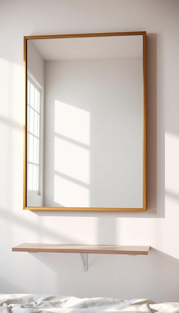 A striking statement wall mirror, serving as the focal point of the bedroom. The mirror is meticulously framed in a sleek, modern design with clean lines and a brushed gold finish, casting a warm glow. The mirror is positioned on a plain white wall, creating a bold contrast and drawing the eye. The lighting is soft and diffused, creating a serene and inviting atmosphere. The mirror's reflection adds depth and dimension to the space, creating a sense of openness and airiness. The overall effect is a sophisticated and visually compelling focal point that elevates the room's design.