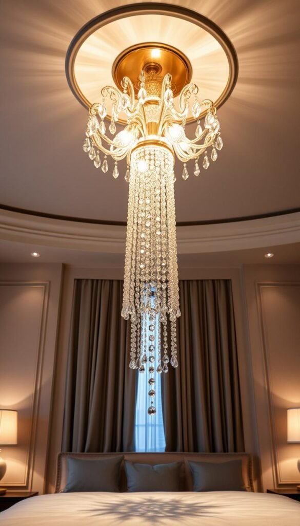 A stunning chandelier hangs in the center of a luxurious bedroom, casting a warm, inviting glow. The fixture is a stunning statement piece, with cascading crystal droplets that capture the light and reflect it back into the space. The chandelier is positioned as the focal point, drawing the eye upwards and creating a sense of grandeur and elegance. The room is bathed in a soft, muted color palette, with neutral tones and textures that complement the chandelier's opulent design. The lighting is carefully orchestrated, with the chandelier's radiance softly illuminating the space and creating a cozy, intimate atmosphere perfect for relaxation and rejuvenation.