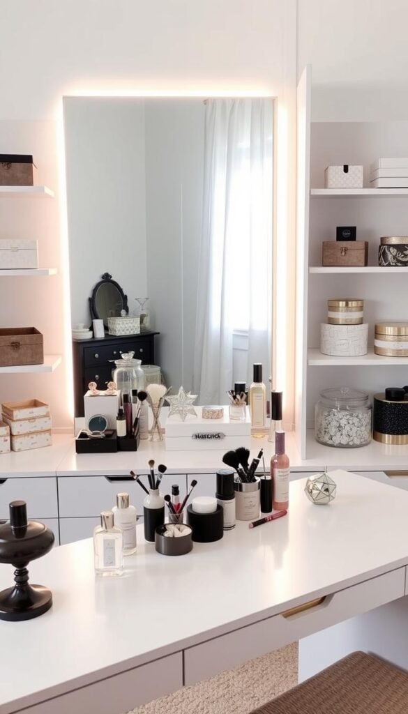 A stylish and functional dressing table with an array of creative storage solutions. In the foreground, a minimalist table with clean lines and a sleek, white surface. Adorning the tabletop, an assortment of decorative trinkets, makeup brushes, and fragrance bottles, artfully arranged. Behind the table, a large, well-lit mirror with built-in lighting, casting a warm, flattering glow. To the sides, floating shelves displaying a variety of decorative boxes, jars, and organizers, providing ample space for storing and displaying personal items. The entire scene is bathed in soft, natural lighting, creating a serene and inviting atmosphere, perfect for a relaxing morning routine or getting ready for the day.