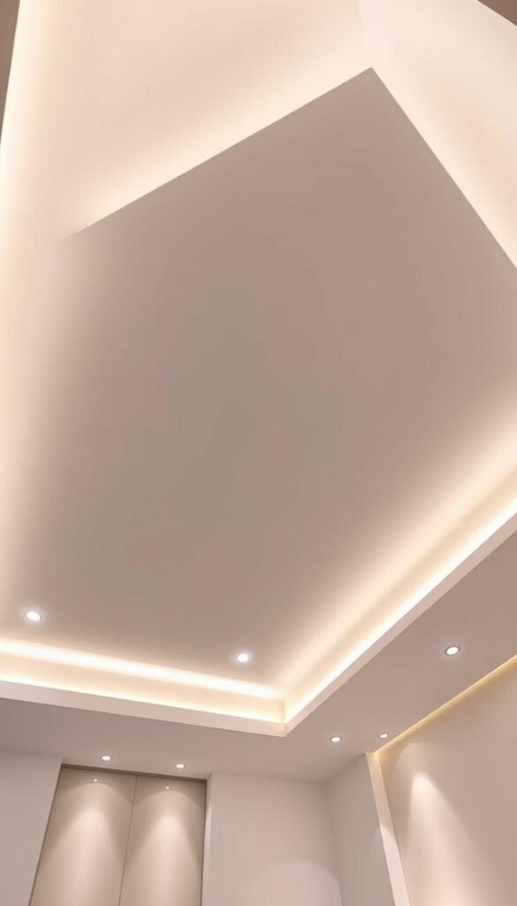 A stylish and well-lit modern bedroom with a sleek, minimalist ceiling design. The focal point is a geometric array of recessed LED lights that are seamlessly integrated into the ceiling, creating a warm, ambient glow throughout the space. The lighting fixtures are flush-mounted, blending effortlessly with the clean, white ceiling surface. Indirect cove lighting along the perimeter adds depth and dimension, while subtle downlights accent key areas. The overall effect is a harmonious and inviting atmosphere, perfect for relaxation and rest.