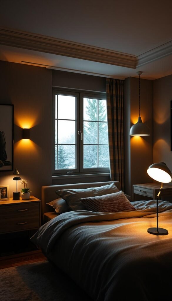 A stylishly lit, cozy bedroom with strategic lighting design. Soft, warm-toned ambient lighting from wall sconces, minimalist pendant lamps, and a large window casting natural light. Carefully placed task lighting on nightstands and a desk, illuminating specific areas. Shadows and highlights creating a moody, atmospheric ambiance. Neutral color palette with natural wood and plush, textured bedding. Thoughtfully arranged decor and furnishings enhance the soothing, elegant vibe. High-quality, cinematic rendering with a shallow depth of field, showcasing the intricate lighting setup. A stylishly lit, cozy bedroom with strategic lighting design. Soft, warm-toned ambient lighting from wall sconces, minimalist pendant lamps, and a large window casting natural light. Carefully placed task lighting on nightstands and a desk, illuminating specific areas. Shadows and highlights creating a moody, atmospheric ambiance. Neutral color palette with natural wood and plush, textured bedding. Thoughtfully arranged decor and furnishings enhance the soothing, elegant vibe. High-quality, cinematic rendering with a shallow depth of field, showcasing the intricate lighting setup.
