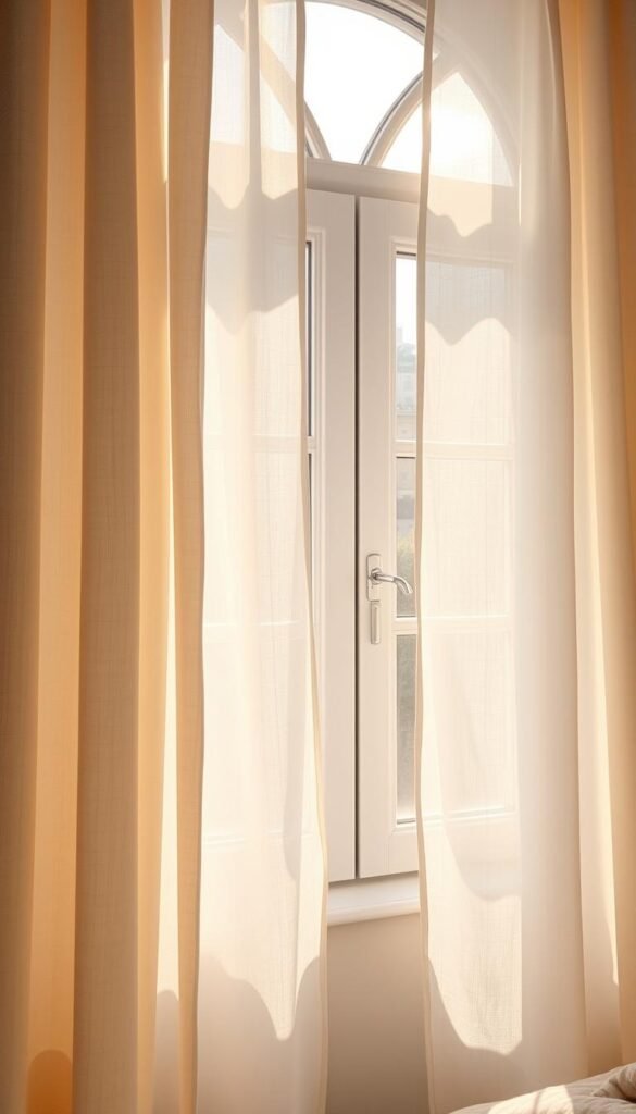 A sun-drenched bedroom window, adorned with delicate sheer curtains that cascade elegantly, filtering the warm light. Softly textured linen panels frame the view, their gentle folds evoking a sense of tranquility. Wisps of fabric dance in a gentle breeze, casting intricate patterns of light and shadow across the tranquil space. The overall scene exudes a serene, rejuvenating atmosphere, inviting the viewer to find solace and respite within this personal sanctuary.