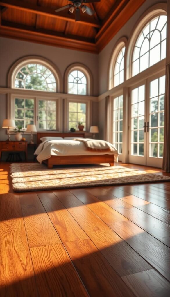 A sunlit bedroom with a warm, inviting atmosphere. In the foreground, a well-crafted hardwood floor in a rich, rustic honey hue, its natural grain patterns adding depth and character. The middle ground features a plush area rug in earthy tones, complementing the wood's tones. The background showcases elegant, floor-to-ceiling windows, allowing natural light to flood the space and highlighting the gleaming hardwood underfoot. The lighting is soft and diffuse, creating a cozy, intimate ambiance. The overall scene emanates a sense of timeless elegance and lasting value, perfectly suited for the "Hardwood Flooring: Timeless Elegance and Lasting Value" section.