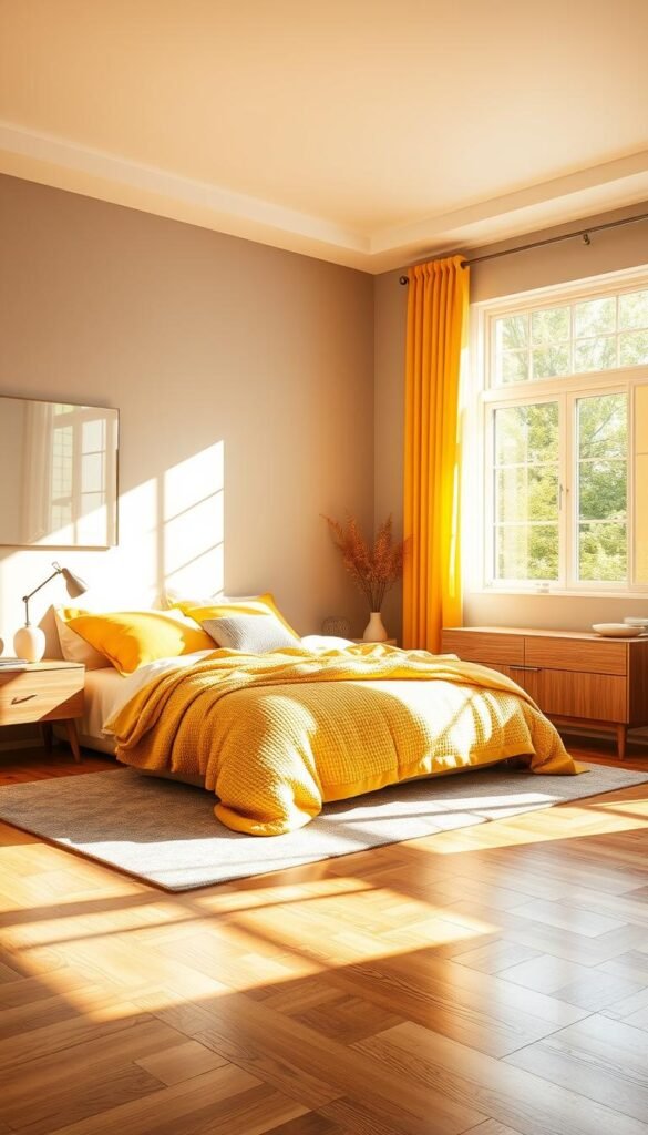 A sunny and serene bedroom bathed in warm, golden light. The walls are painted in a soft, muted gray, providing a calming backdrop for the vibrant yellow accents. Plush, textured bedding in shades of sunny yellow and dove gray invites you to sink into its comfort. A large window floods the space with natural illumination, casting a gentle glow that dances across the polished hardwood floors. Minimalist decor, such as simple wooden nightstands and a sleek, geometric mirror, complement the modern yet cozy aesthetic. The overall atmosphere is one of tranquility and cheerfulness, creating a harmonious and rejuvenating retreat.