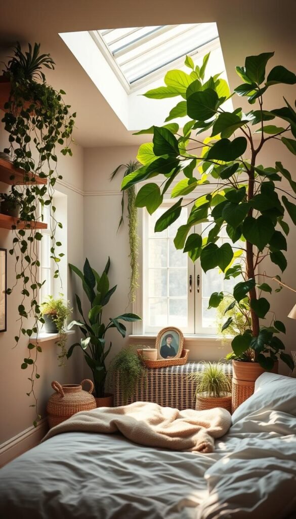 A tranquil bedroom setting, bathed in warm, soft lighting. In the foreground, lush, verdant plants cascade from floating shelves, their leaves gently swaying. A large, potted fiddle-leaf fig tree stands proudly in the corner, its sculptural silhouette creating an organic focal point. Trailing vines and delicate ferns adorn the windowsill, framing the view of the outside world. In the middle ground, a cozy reading nook is nestled beneath a skylight, allowing natural illumination to filter in. Earthy, natural textures like rattan, woven baskets, and a plush, neutral-toned rug create a serene, harmonious atmosphere. The overall impression is one of a harmonious fusion of indoor and outdoor, a peaceful sanctuary where nature and comfort intertwine.