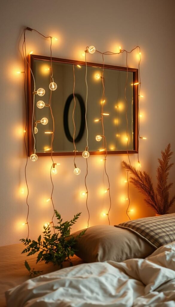 A tranquil fairy light display in a cozy bedroom setting. Soft, warm-toned fairy lights cascade down the wall, illuminating an array of different styles - delicate string lights, playful globe lights, and twinkling copper wire strands. The lighting creates a gentle, soothing ambiance, with the lights reflected in a mirrored surface, adding depth and dimension. Pale, earthy tones dominate the scene, with hints of greenery and organic textures accentuating the natural, whimsical atmosphere. The lights are arranged in an organic, asymmetrical pattern, conveying a sense of effortless beauty. Subtle shadows and highlights add depth and dimension, while the low-angle perspective showcases the alluring glow of the fairy lights.