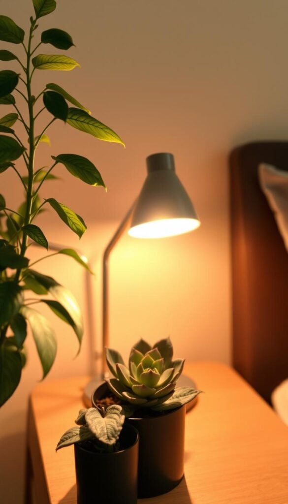 A tranquil nightstand adorned with a carefully curated selection of plants, bathed in the soft glow of a warm, diffused light. In the foreground, a lush, leafy potted plant, its verdant foliage reaching towards the ceiling, radiating a sense of calmness and serenity. Positioned beside it, a delicate succulent, its intricate patterns and subtle hues complementing the overall aesthetic. In the middle ground, a small, sleek lamp casts a gentle luminescence, creating a cozy, inviting atmosphere. The background is a softly blurred, neutral-toned wall, allowing the plants to take center stage and enhance the soothing, peaceful ambiance of the nightstand vignette.