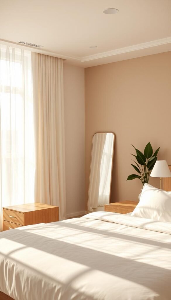 A tranquil, sun-drenched bedroom with an elegant, minimalist aesthetic. Soft, natural lighting filters through sheer curtains, casting a warm, inviting glow. In the foreground, a king-size bed with crisp, white linens and a plush, gray duvet creates a cozy focal point. Sleek, wooden nightstands flank the bed, topped with simple, modern lamps. The middle ground features a large, frameless mirror propped against the wall, reflecting the serene space. In the background, a neutral-toned accent wall complements the overall calming palette, while a potted plant adds a touch of natural greenery. The overall mood is one of serene, intentional design, inspiring a sense of relaxation and rejuvenation. A tranquil, sun-drenched bedroom with an elegant, minimalist aesthetic. Soft, natural lighting filters through sheer curtains, casting a warm, inviting glow. In the foreground, a king-size bed with crisp, white linens and a plush, gray duvet creates a cozy focal point. Sleek, wooden nightstands flank the bed, topped with simple, modern lamps. The middle ground features a large, frameless mirror propped against the wall, reflecting the serene space. In the background, a neutral-toned accent wall complements the overall calming palette, while a potted plant adds a touch of natural greenery. The overall mood is one of serene, intentional design, inspiring a sense of relaxation and rejuvenation.