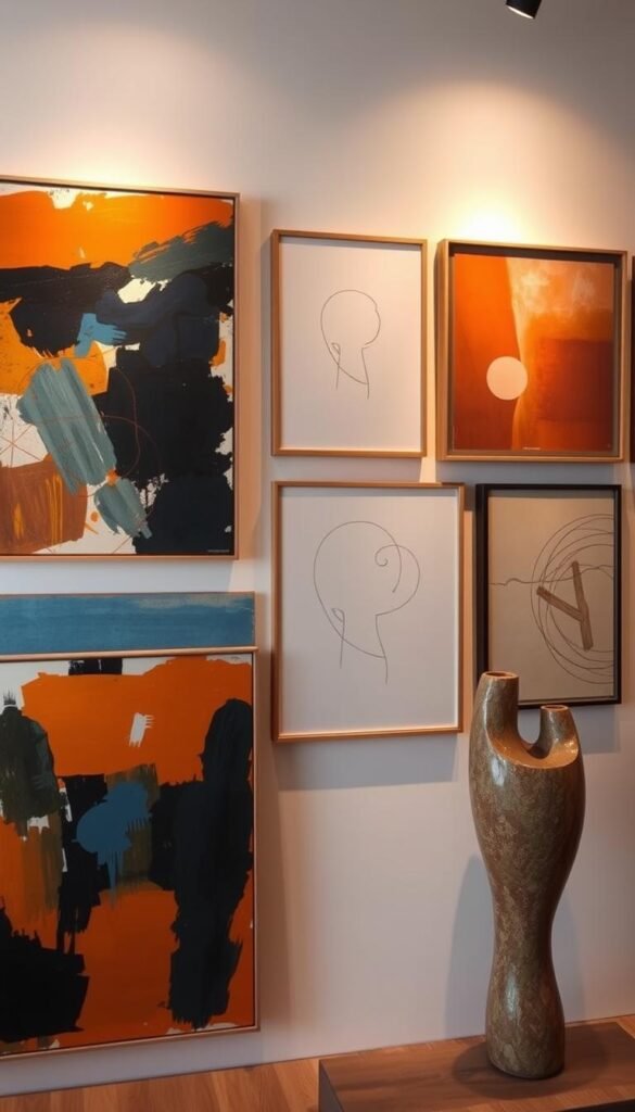 A vibrant 2025 gallery wall display, showcasing a harmonious blend of contemporary artworks. In the foreground, a series of abstract expressionist paintings with bold, dynamic brushstrokes in a palette of rich ochres, deep blues, and earthy hues. The middle ground features a selection of minimalist line drawings, their simple forms casting intriguing shadows on the wall. In the background, a trio of sculptural ceramic pieces, their organic shapes and textured surfaces providing a captivating contrast. Warm, diffused lighting casts a soft, inviting glow, highlighting the nuances and textures of the varied artworks. The overall composition exudes a sense of balance, creativity, and a forward-thinking approach to curating a visually striking gallery wall.