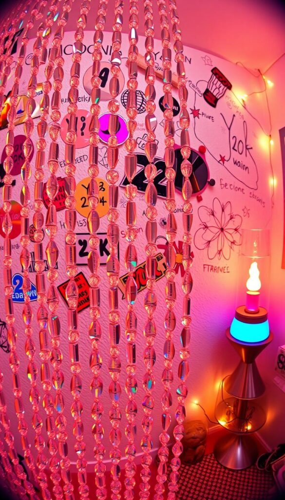 A vibrant Y2K-inspired bedroom backdrop, featuring an eclectic collage of iridescent holographic stickers, metallic foil prints, and hand-drawn doodles on a textured white wall. In the foreground, a shimmering crystal beaded curtain cascades softly, casting kaleidoscopic refractions of light throughout the space. Subtle warm lighting from a vintage-style lava lamp and string lights adds a cozy, nostalgic ambiance, while a fisheye lens captures the scene with a playful, distorted perspective that evokes the playful, retro-futuristic spirit of the Y2K era.