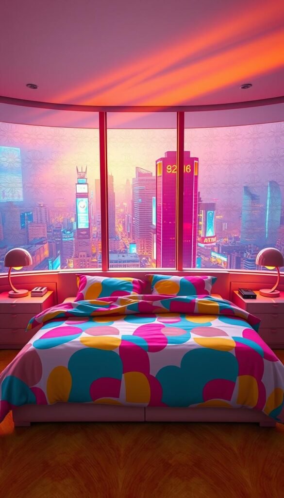 A vibrant Y2K-inspired bedroom scene, bathed in a kaleidoscope of pastel hues and retro patterns. The foreground features a plush, low-profile bed adorned with a duvet cover in a bold, geometric print in shades of pink, blue, and yellow. Framing the bed are matching side tables with curved, futuristic lamps emitting a soft, diffused glow. In the middle ground, the walls are covered in a subtly shimmering, iridescent wallpaper featuring a repeating motif of oversized, stylized flowers. The background showcases a wide, floor-to-ceiling window overlooking a bustling cityscape, the glow of neon signs casting a dreamy, nostalgic atmosphere. Rays of warm, golden-hour light stream through the window, creating an ethereal, nostalgic mood.