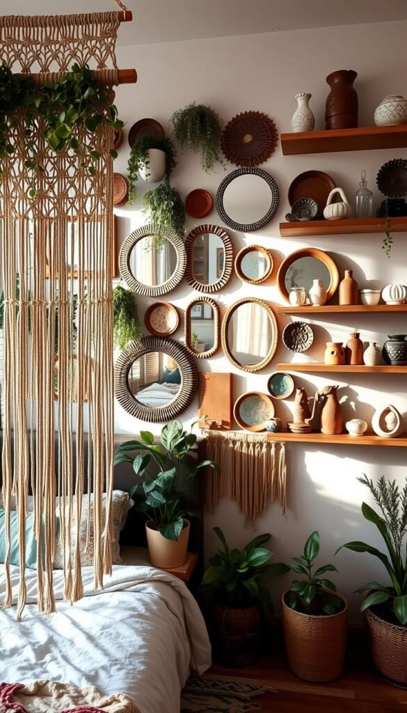 A vibrant and eclectic bedroom wall display, featuring an array of unconventional decor elements. In the foreground, a large macrame wall hanging cascades gracefully, its intricate patterns casting soft, natural shadows. Framing the macrame, a collection of potted plants and hanging vines add a lush, verdant touch. In the middle ground, an asymmetrical arrangement of mirrors in various shapes and sizes reflects the room's natural light, creating a captivating play of reflections. In the background, a set of floating wooden shelves displays a curated collection of ceramics, sculptures, and other artful objects, each piece a unique statement. The overall scene exudes a bohemian, earthy ambiance, inviting the viewer to explore the endless possibilities beyond traditional framed artwork.