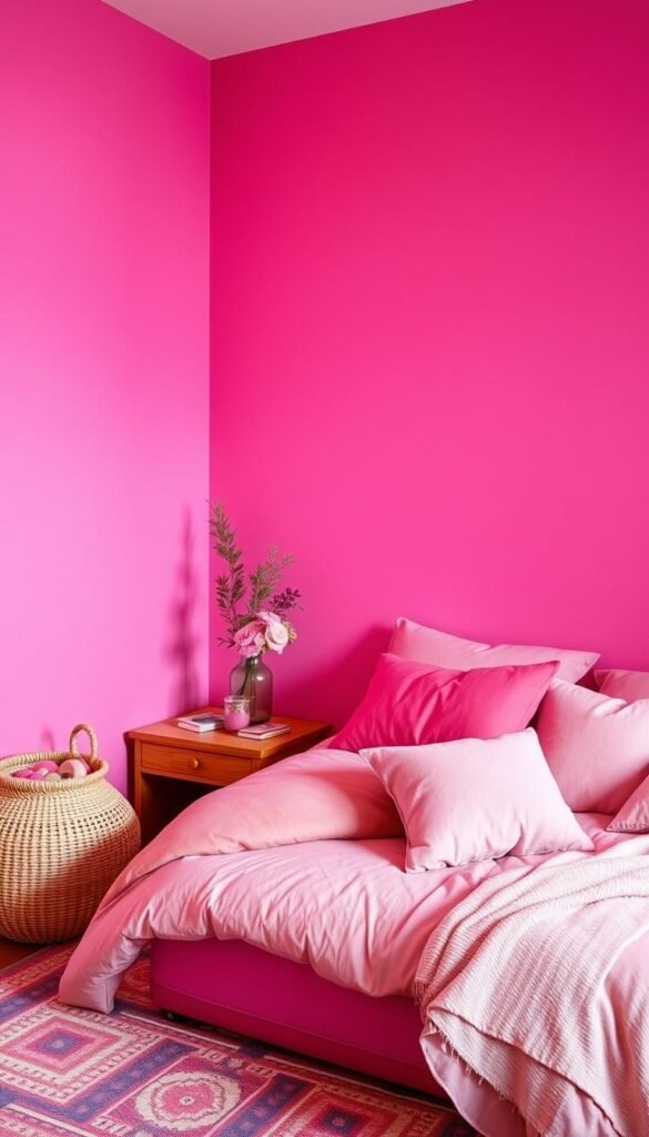A vibrant and playful hot pink bedroom, with textured walls that radiate energy. The room is bathed in warm, soft lighting, creating a cozy and inviting atmosphere. Plush bedding in complementary hues adds depth and dimension, while a mix of natural textures, such as woven baskets and wooden accents, balance the bold pink tones. The scene is captured from a slightly elevated angle, showcasing the dynamic interplay of colors and materials that come together to form a truly statement-making space.