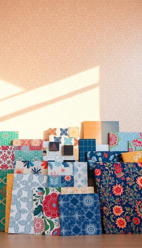 A vibrant array of design style patterns against a soft, neutral background. In the foreground, a curated selection of wallpaper samples showcasing diverse textures, colors, and geometric motifs. The middle ground features a collage of fabric swatches, tiles, and other design elements, all bathed in warm, natural lighting. In the background, a subtly patterned backdrop creates a harmonious, inspirational setting, inviting the viewer to explore and discover their perfect design style for an accent wall.